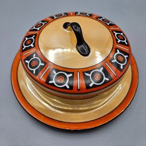 Art Deco-inspired peach lusterware covered butter dish by Morimura,